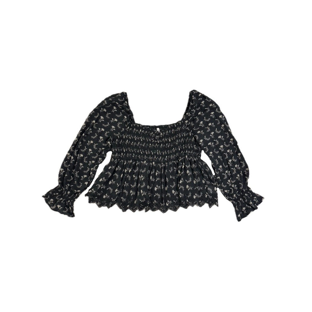 American Eagle Smocked Floral Peplum Top in Dark Gray and Cream - Extra Large